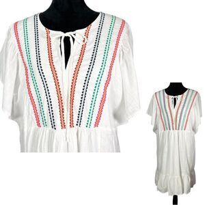 Knox Rose White Prairie Dress Multicolor Embroidered Cotton Boho Ruffle Hem